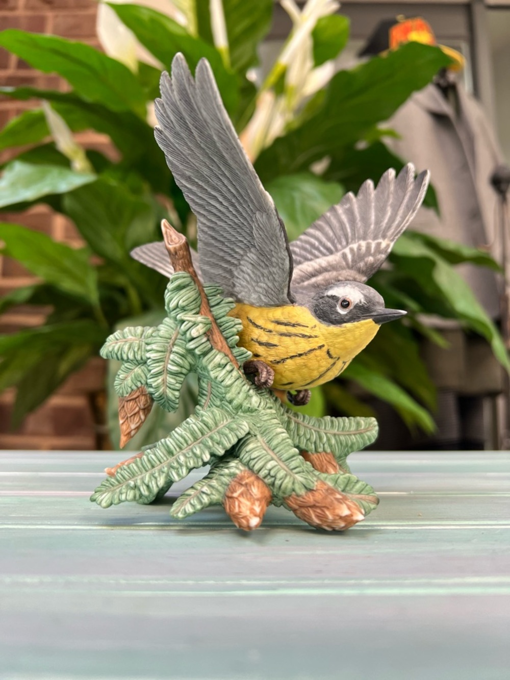 Lenox Gray and Yellow Magnolia Warbler Figurine on Pine Sprig